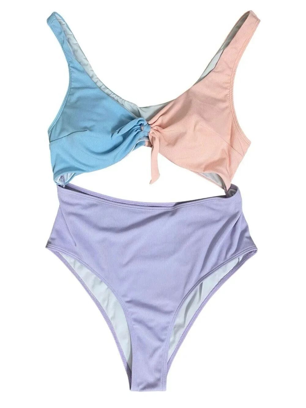 Colorblock Ribbed One Piece Swimsuit Womens M Pastel Blue Pink Purple Cutout
